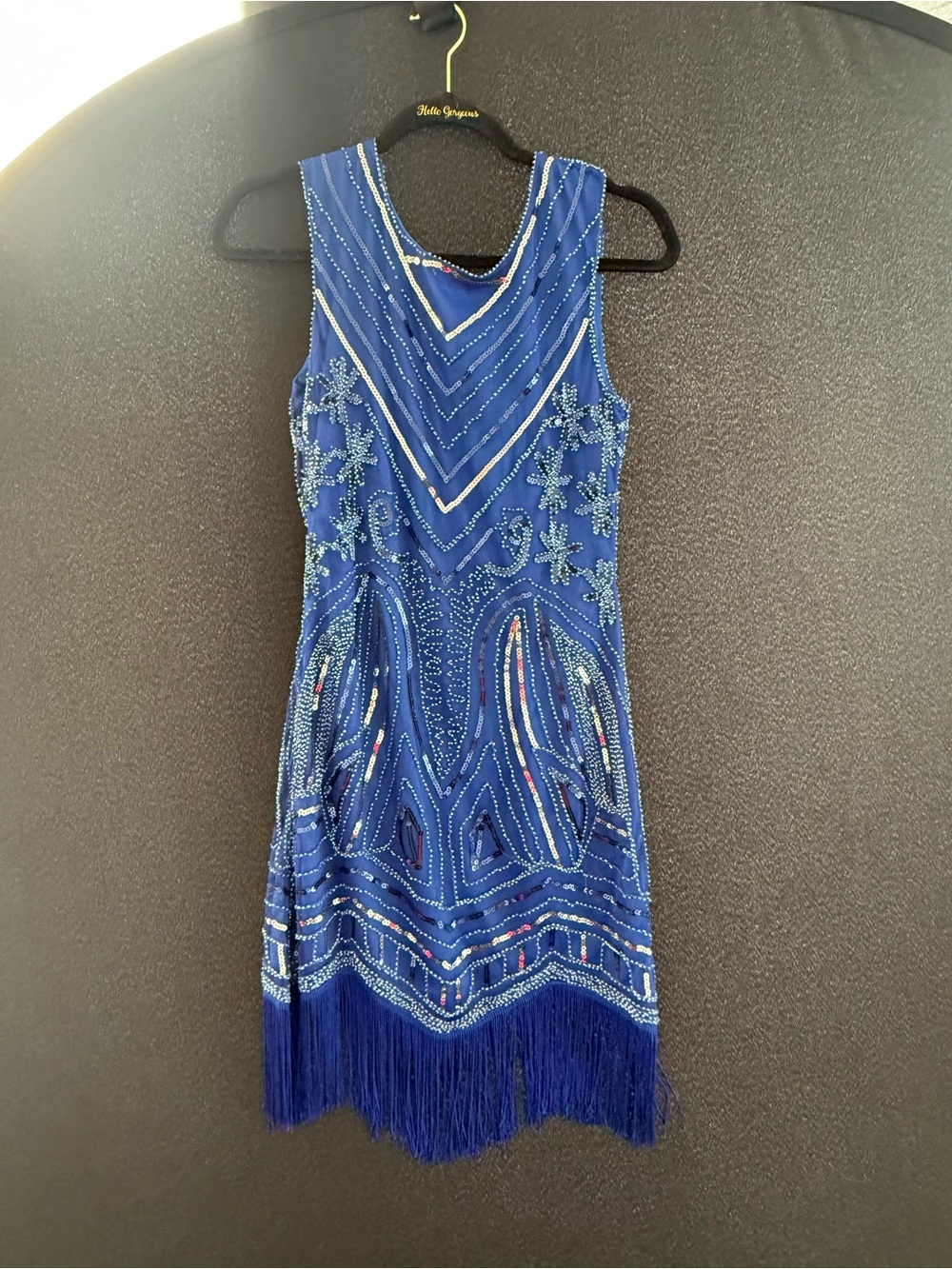 Blue Beaded Fringe Sheath Dress